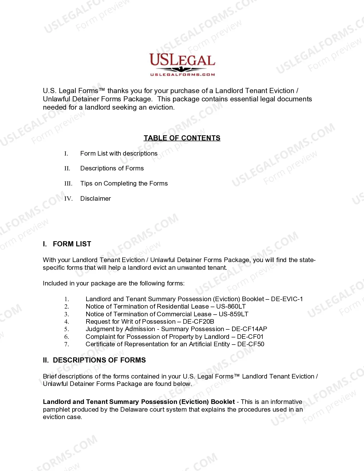 Preview Delaware Landlord Tenant Eviction / Unlawful Detainer Forms Package