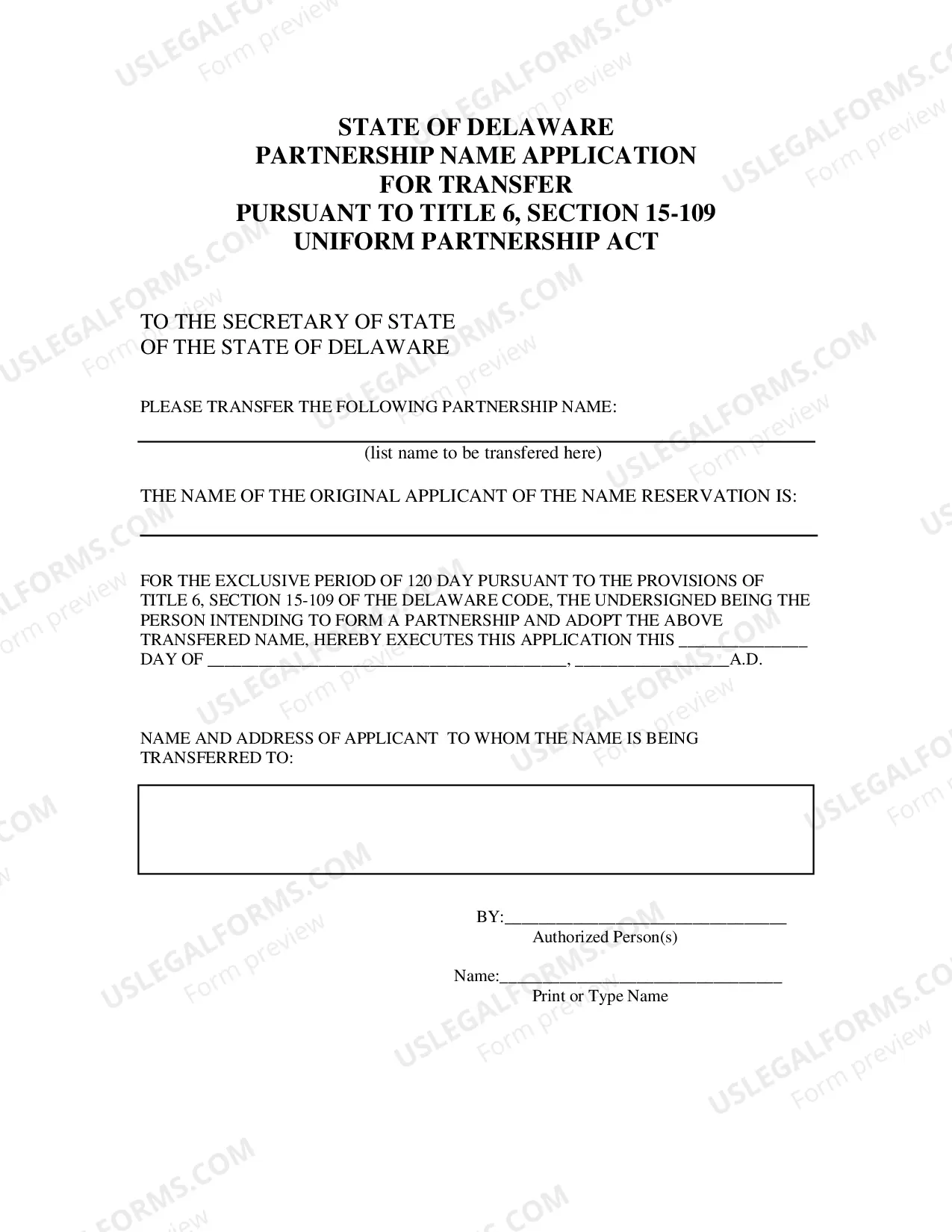 Preview Application for Transfer of Partnership Name