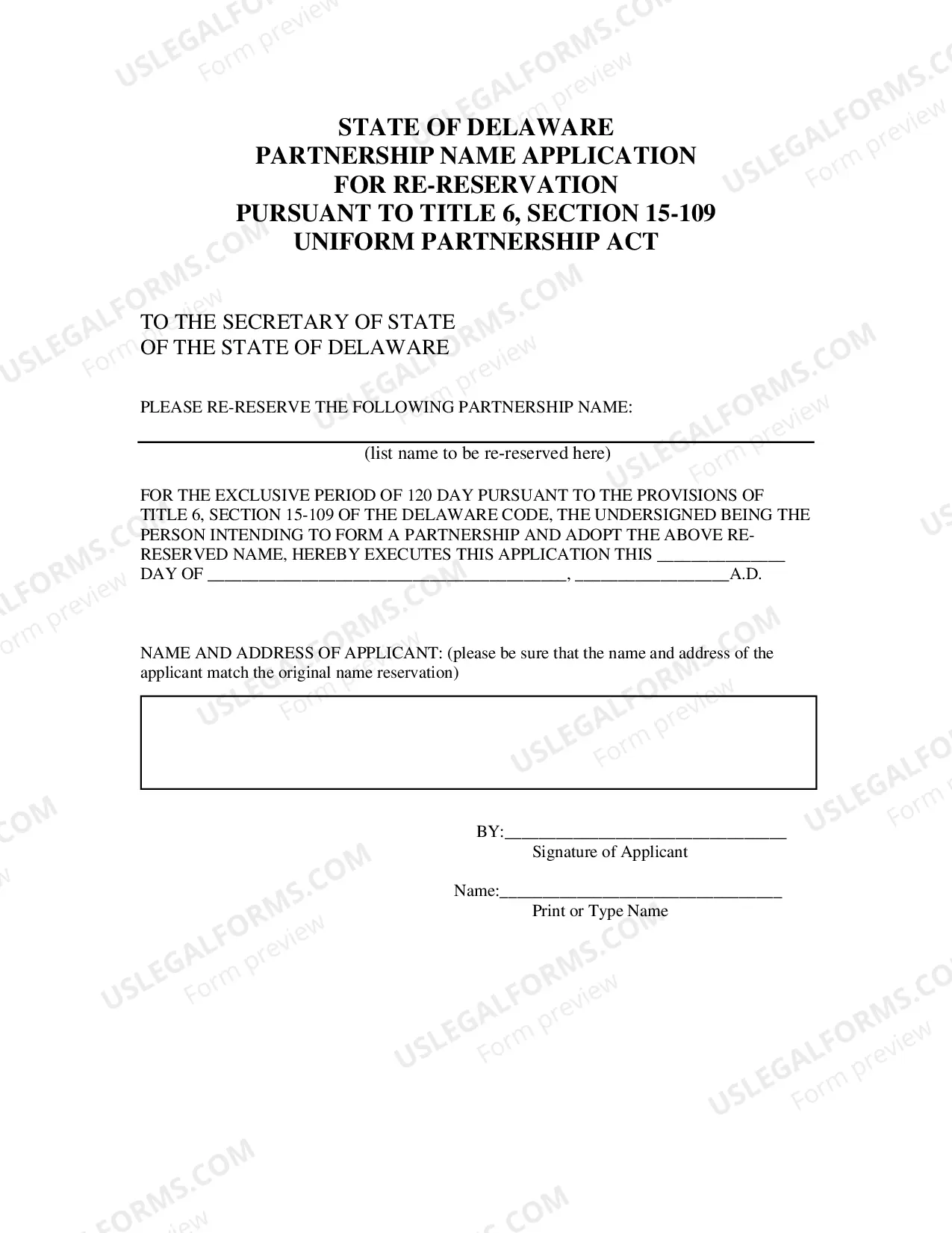 Preview Application for Re-Reservation of Partnership Name