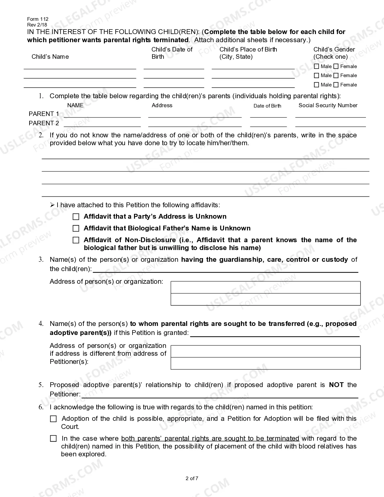 Preview Petition for Termination of Parental Rights