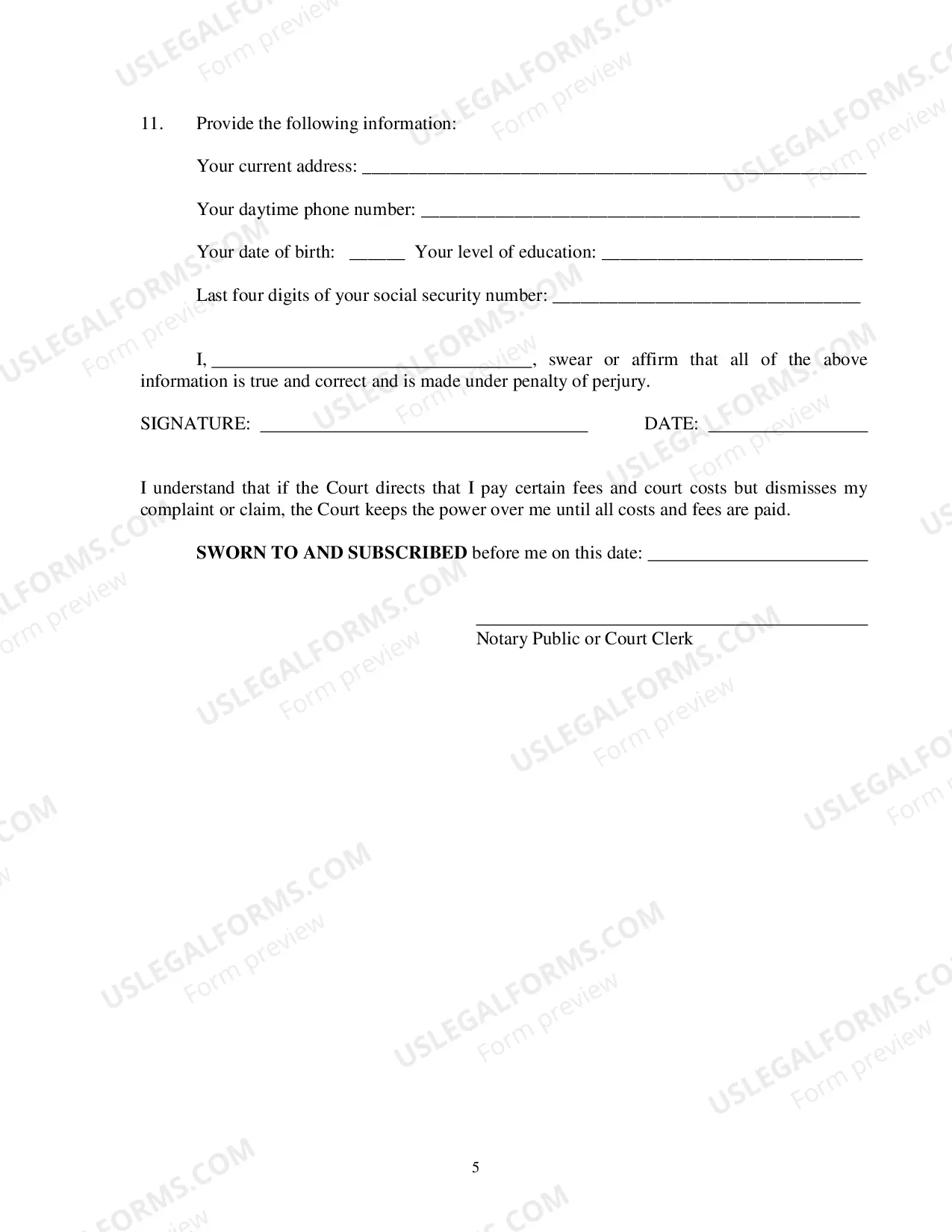 Preview Application And Affidavit To Proceed In Forma Pauperis
