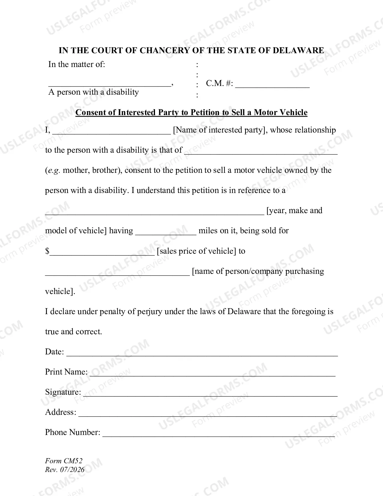 Preview Petition to Sell Motor Vehicle