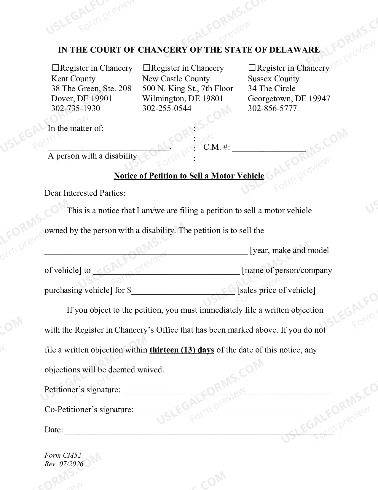 Preview Petition to Sell Motor Vehicle
