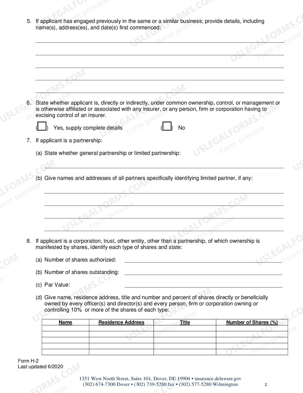Preview H-2 Form(Admittance Questionnaire)