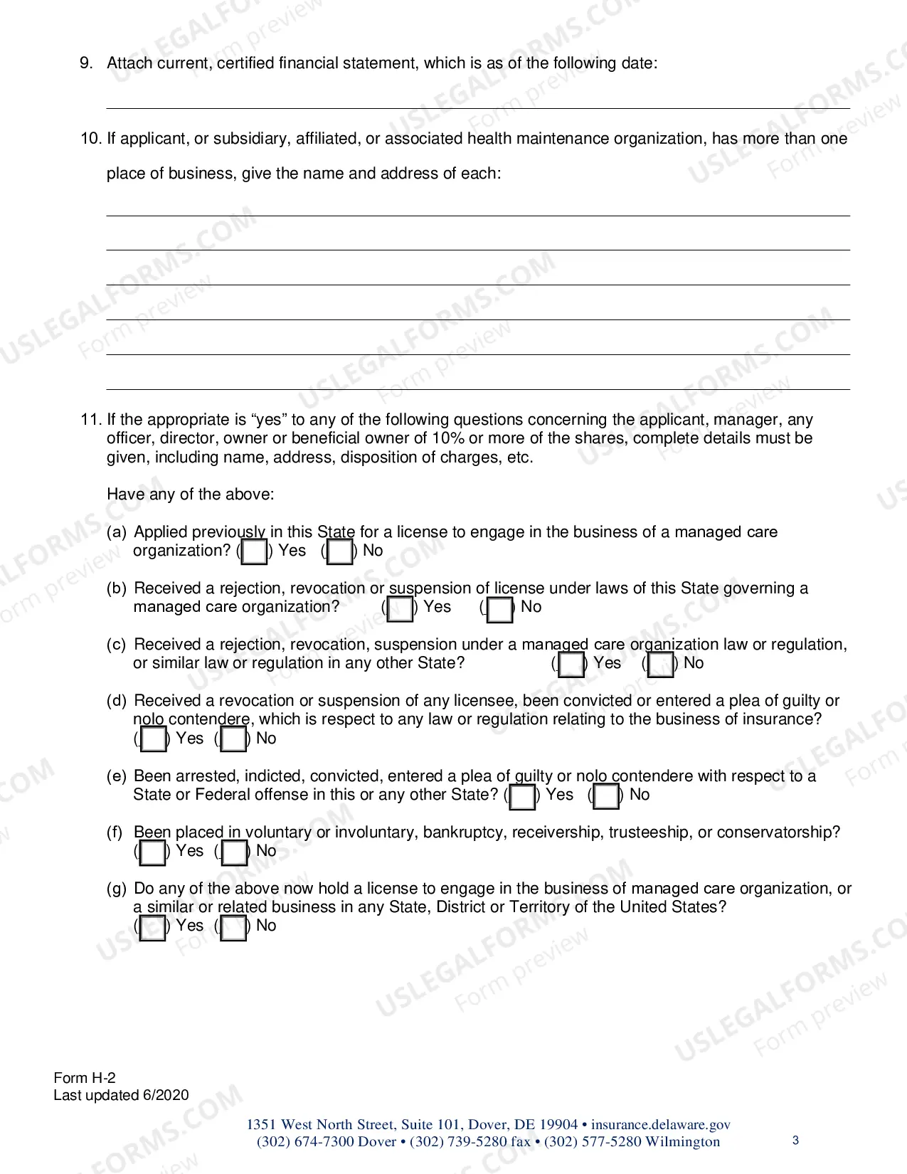 Preview H-2 Form(Admittance Questionnaire)