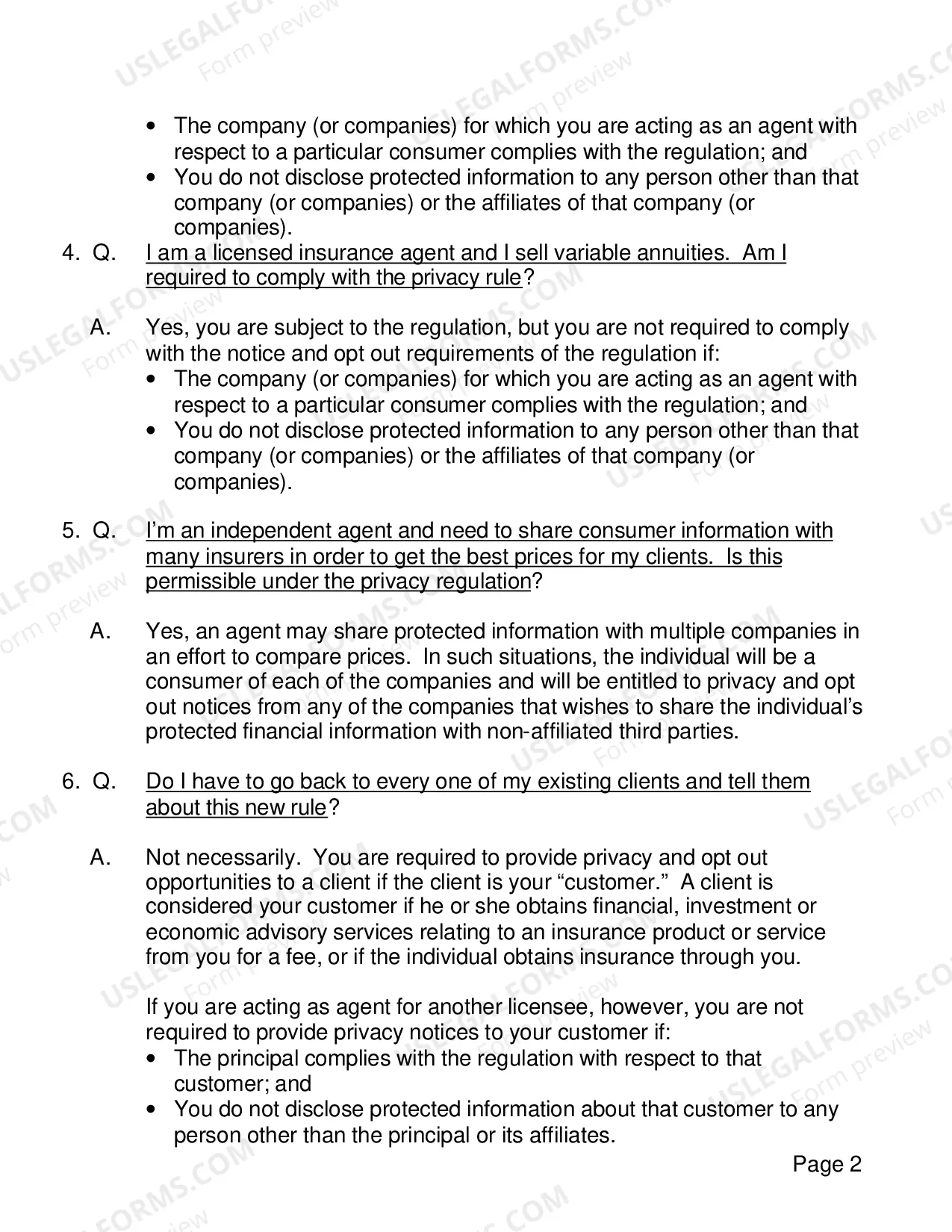 Preview Questions And Answers For Agents On Privacy Issue (Proposed Regulation 904, formerly Proposed Regulation No. 84)