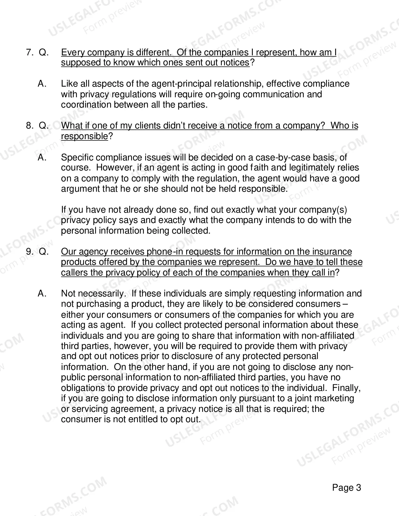 Preview Questions And Answers For Agents On Privacy Issue (Proposed Regulation 904, formerly Proposed Regulation No. 84)