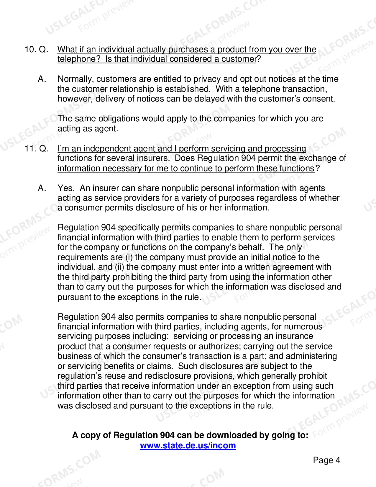 Preview Questions And Answers For Agents On Privacy Issue (Proposed Regulation 904, formerly Proposed Regulation No. 84)