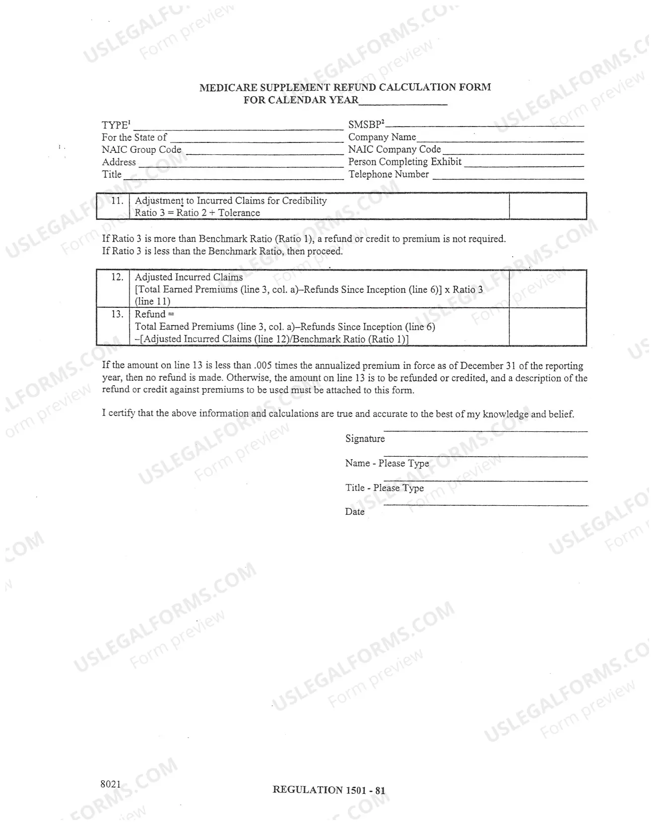 Preview Medicare Supplement Refund Calculation Form
