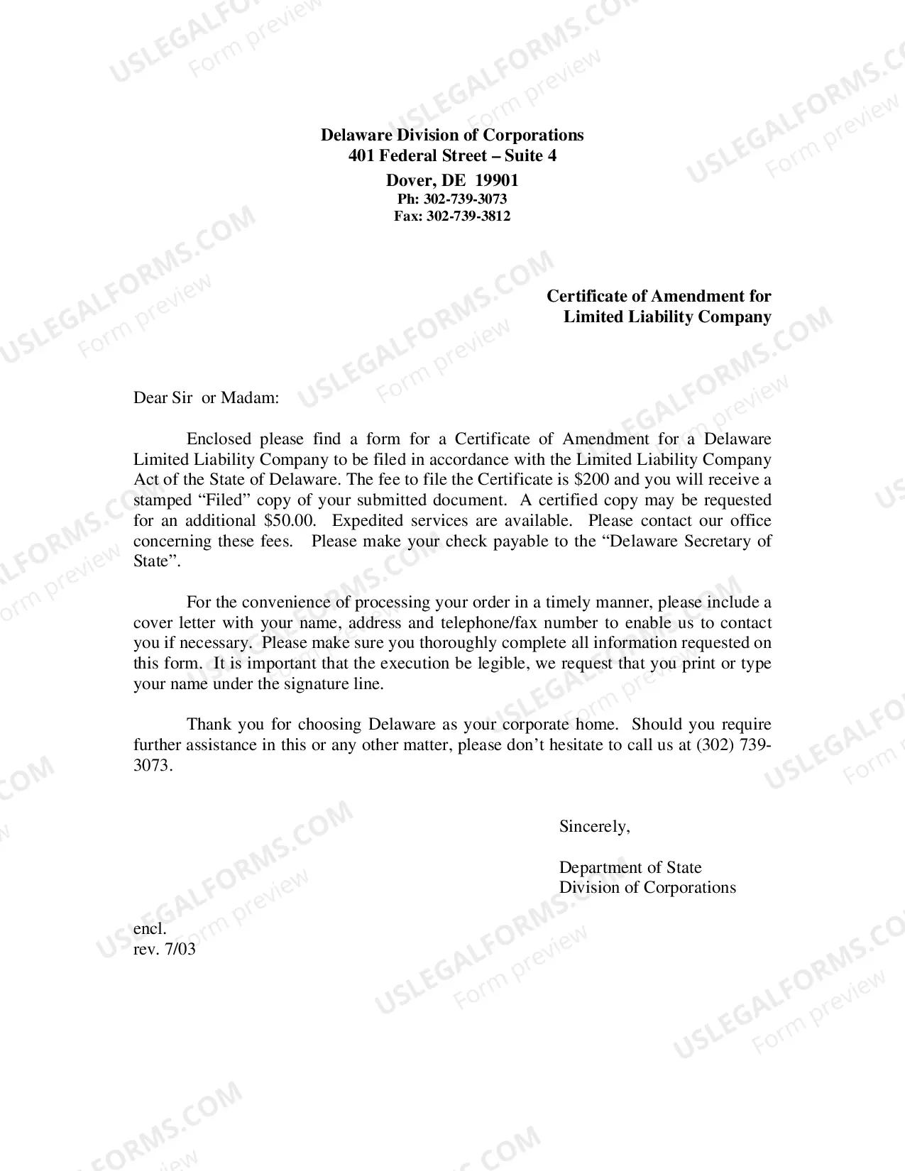 Preview Delaware Certificate of Amendment to Articles of Organization of a Limited Liability Company