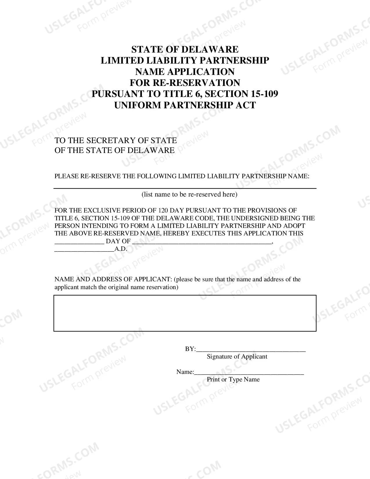 Preview Application for Re-Reservation of Limited Liability Partnership Name