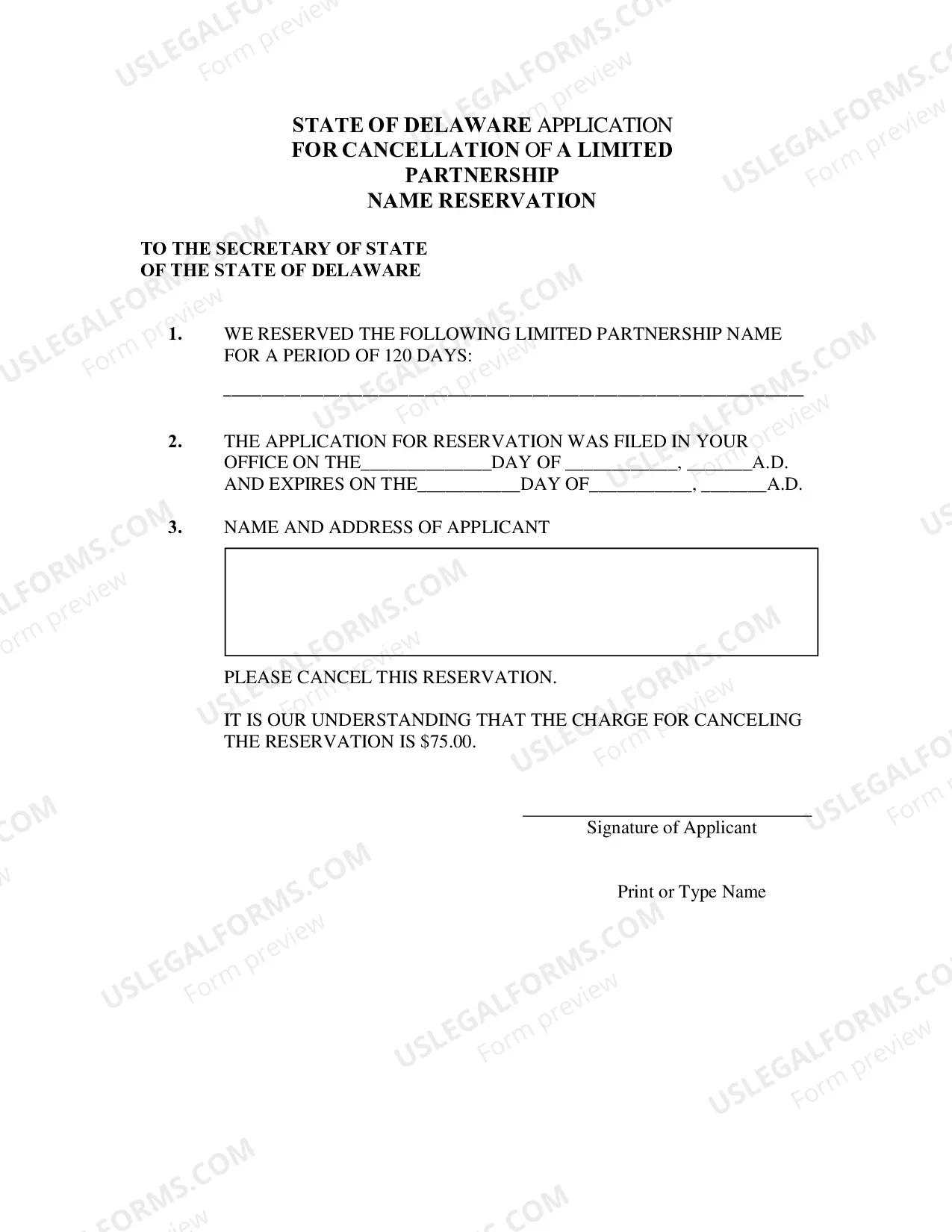 Preview Application For Cancellation of A Name Reservation For Limited Partnership