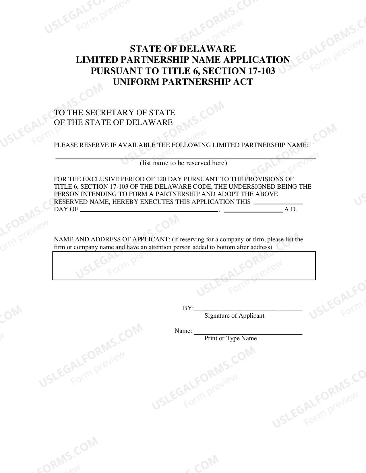 Preview Application for Reservation of Limited Partnership Name