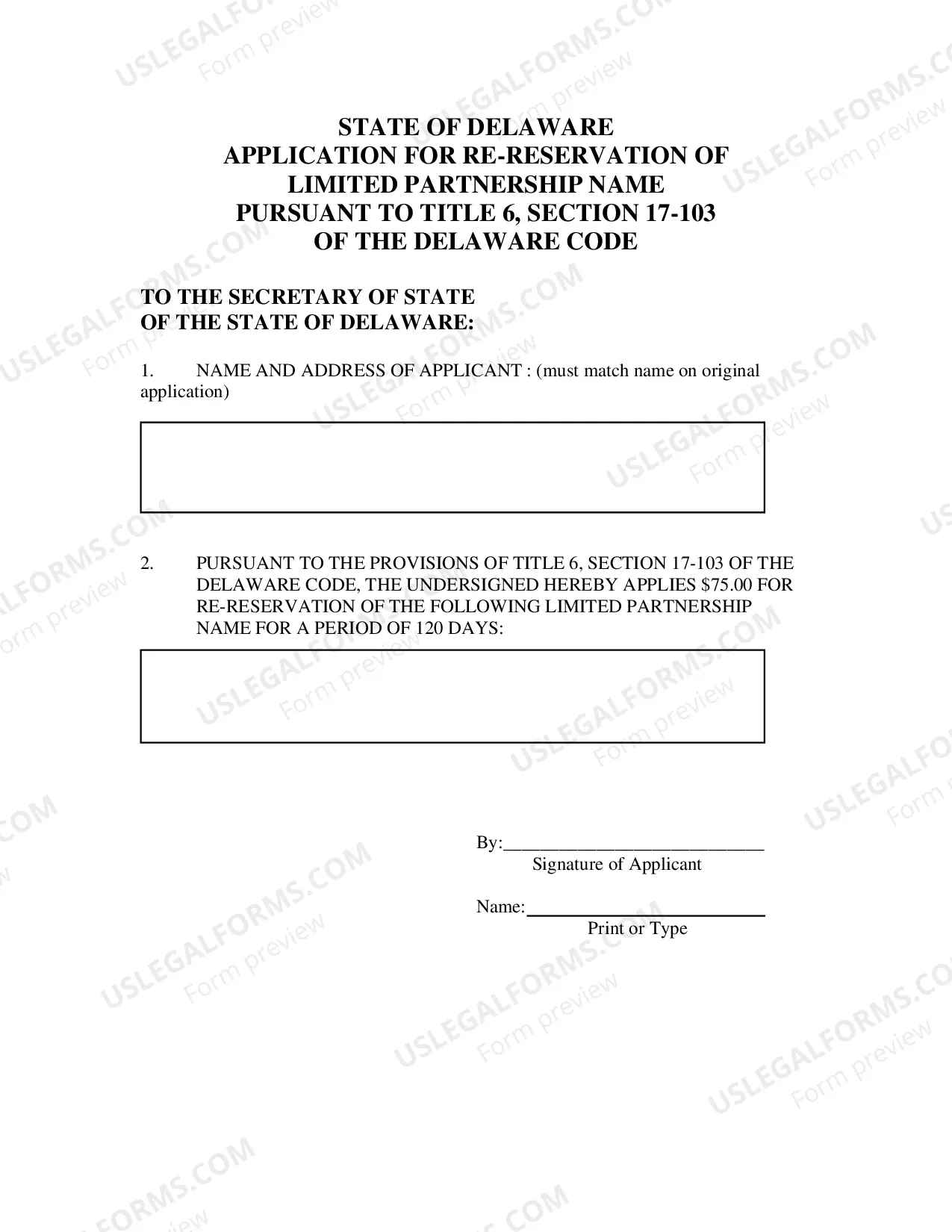 Preview Application for Re-Reservation of Limited Partnership Name