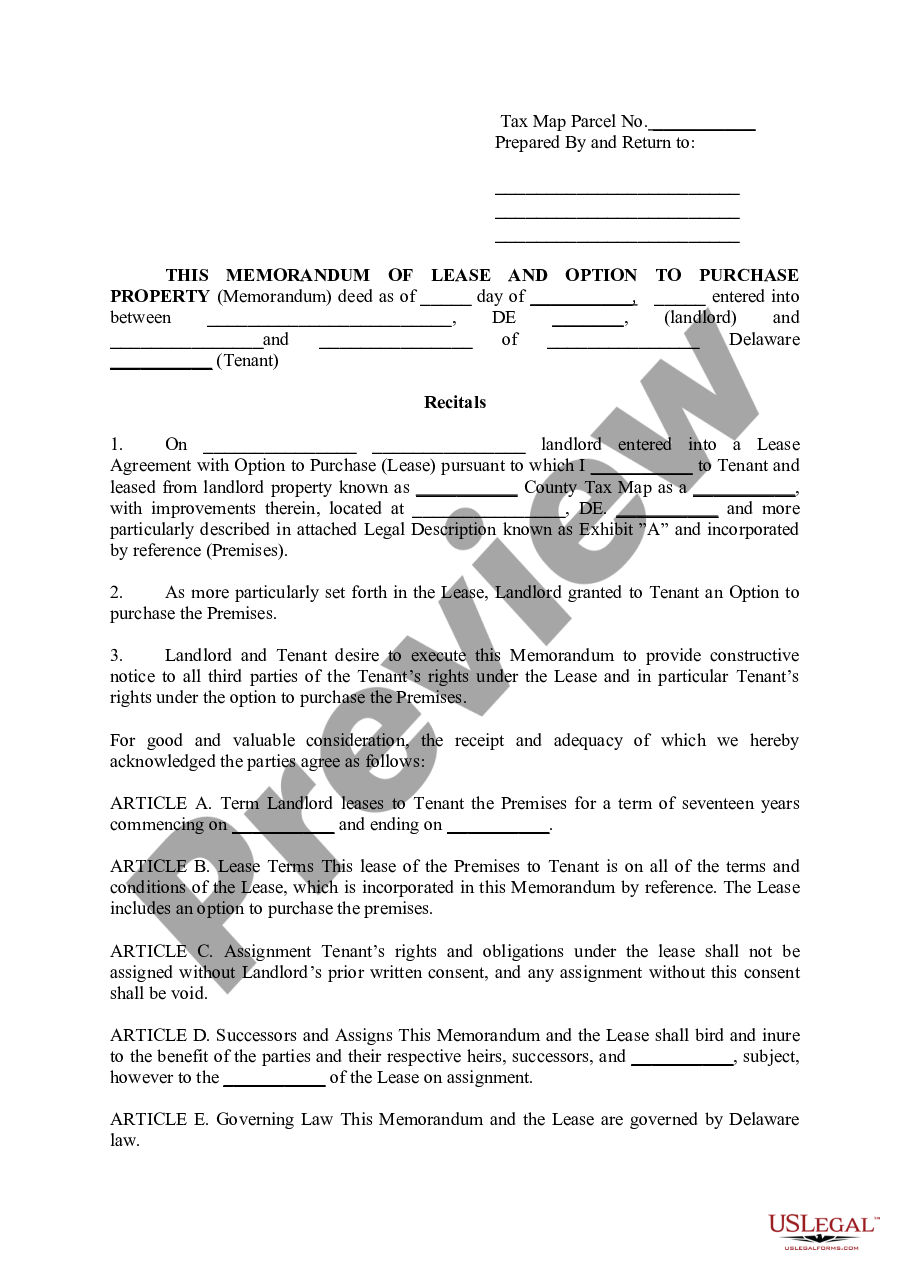 Delaware This Memorandum Of Lease And Option To Purchase Property | US ...