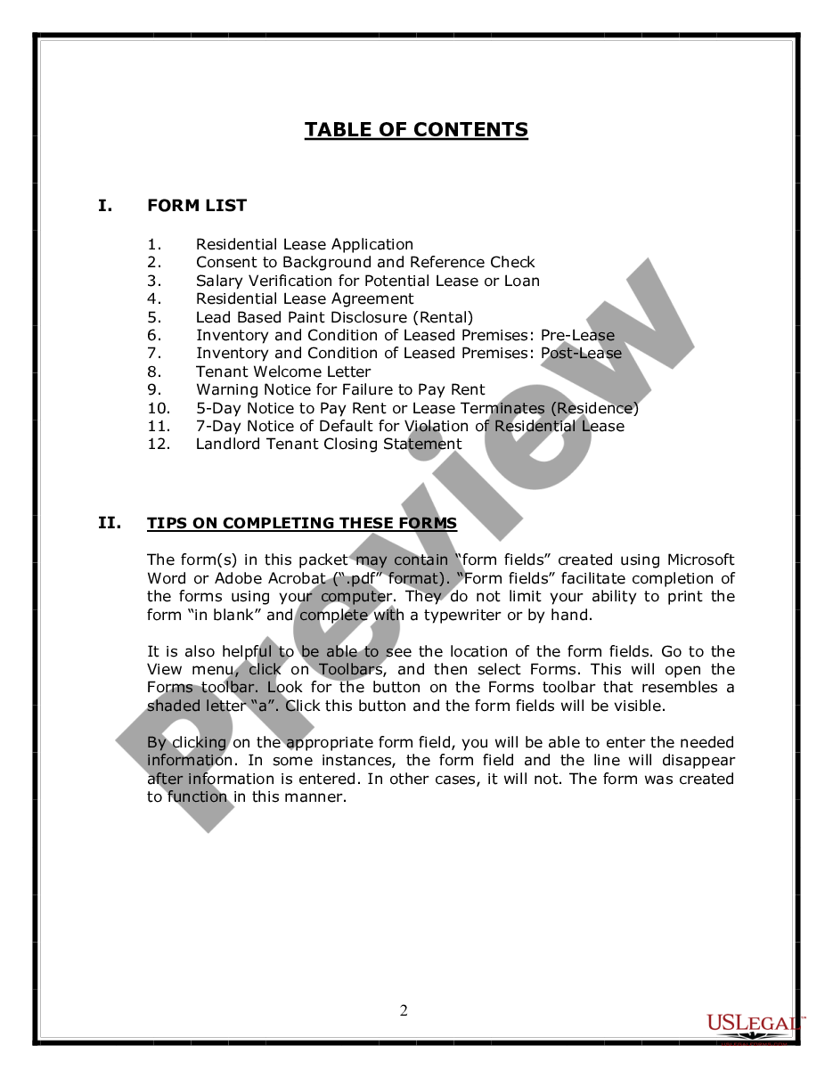 page 1 Residential Landlord Tenant Rental Lease Forms and Agreements Package preview