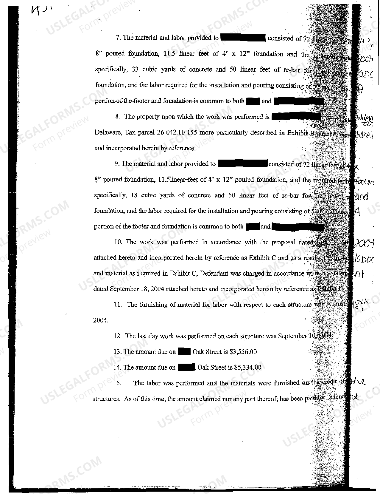 Delaware Complaint and Statement of Claim for Mechanic's Lien US Legal Forms