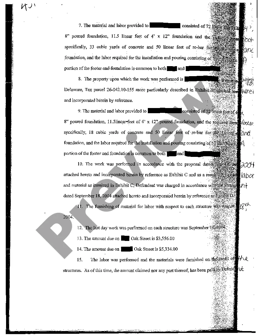 Preview Complaint and Statement of Claim for Mechanic's Lien