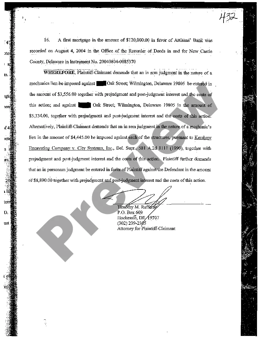 Preview Complaint and Statement of Claim for Mechanic's Lien