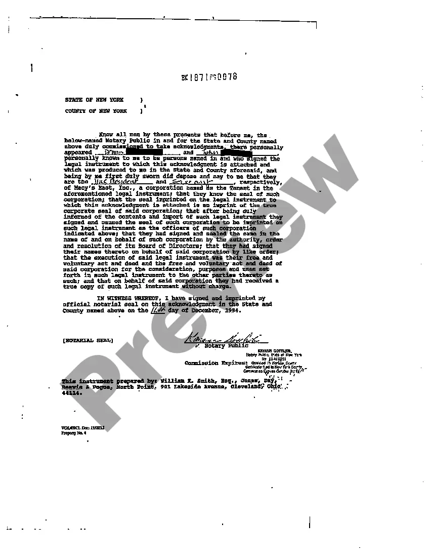 Preview Short Form Memorandum of Lease regarding Department Store