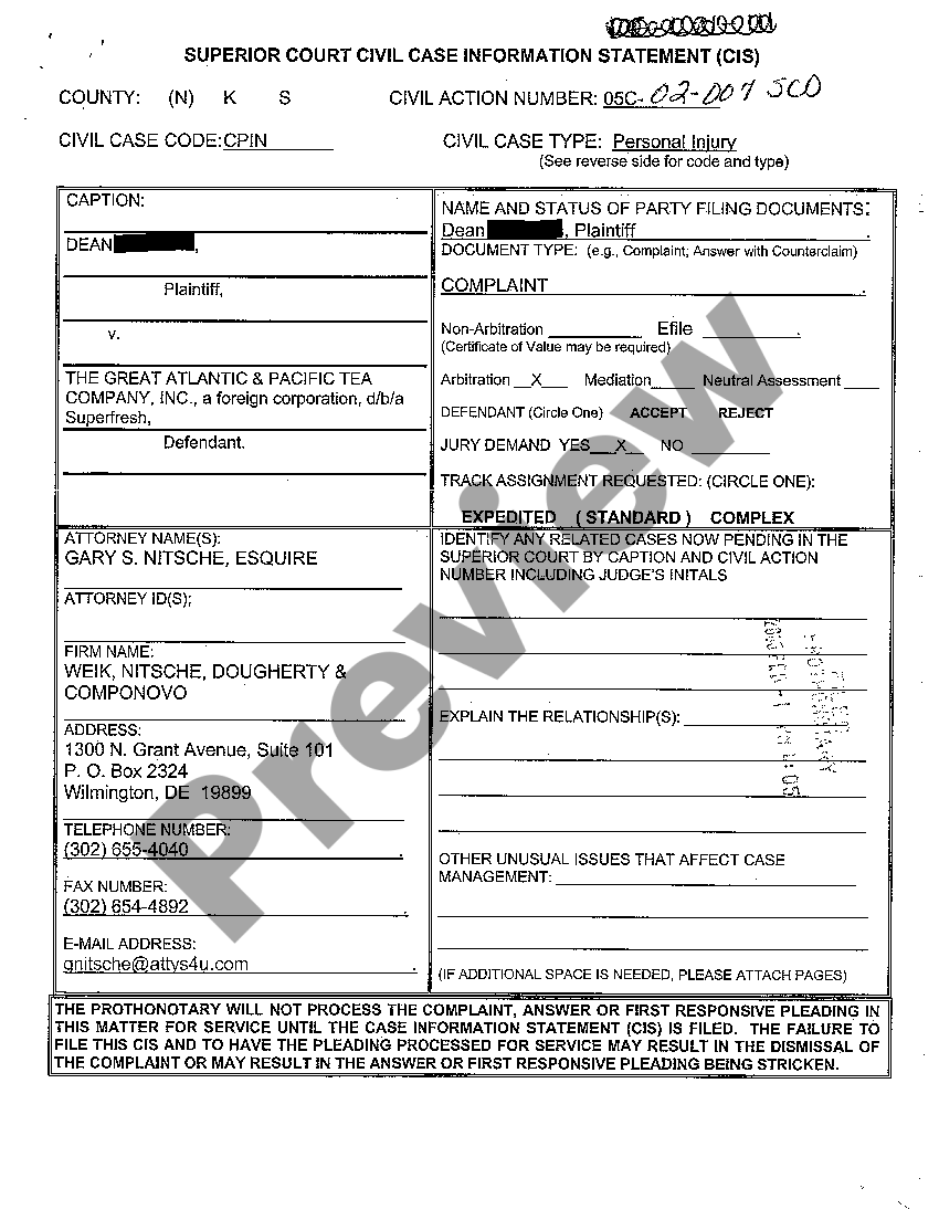 Delaware Complaint for Slip and Fall US Legal Forms