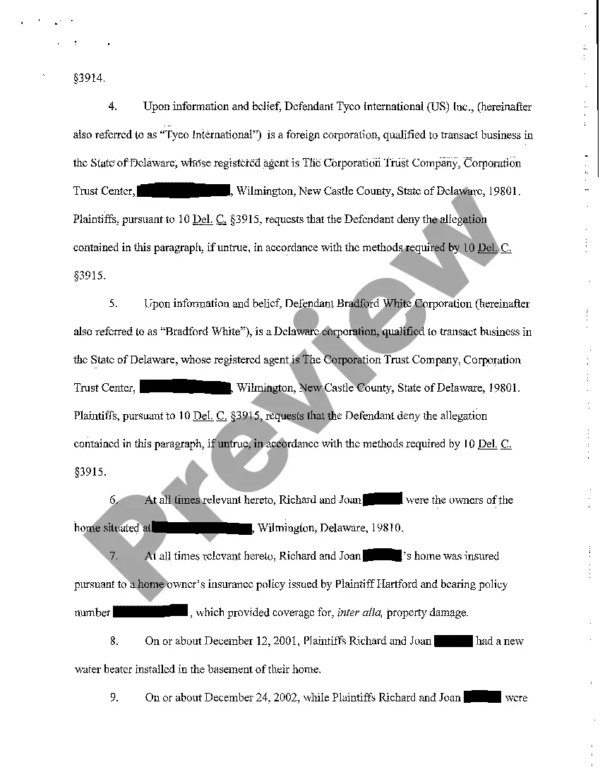 Preview Complaint of Subrogation on Damage to Home by Defective Water Heater