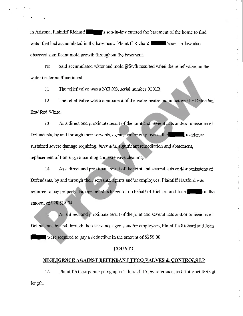 Preview Complaint of Subrogation on Damage to Home by Defective Water Heater