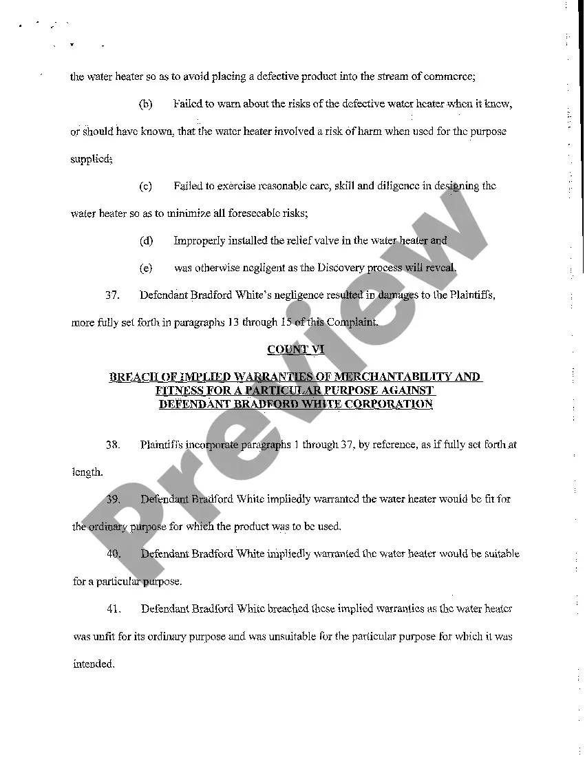 Preview Complaint of Subrogation on Damage to Home by Defective Water Heater