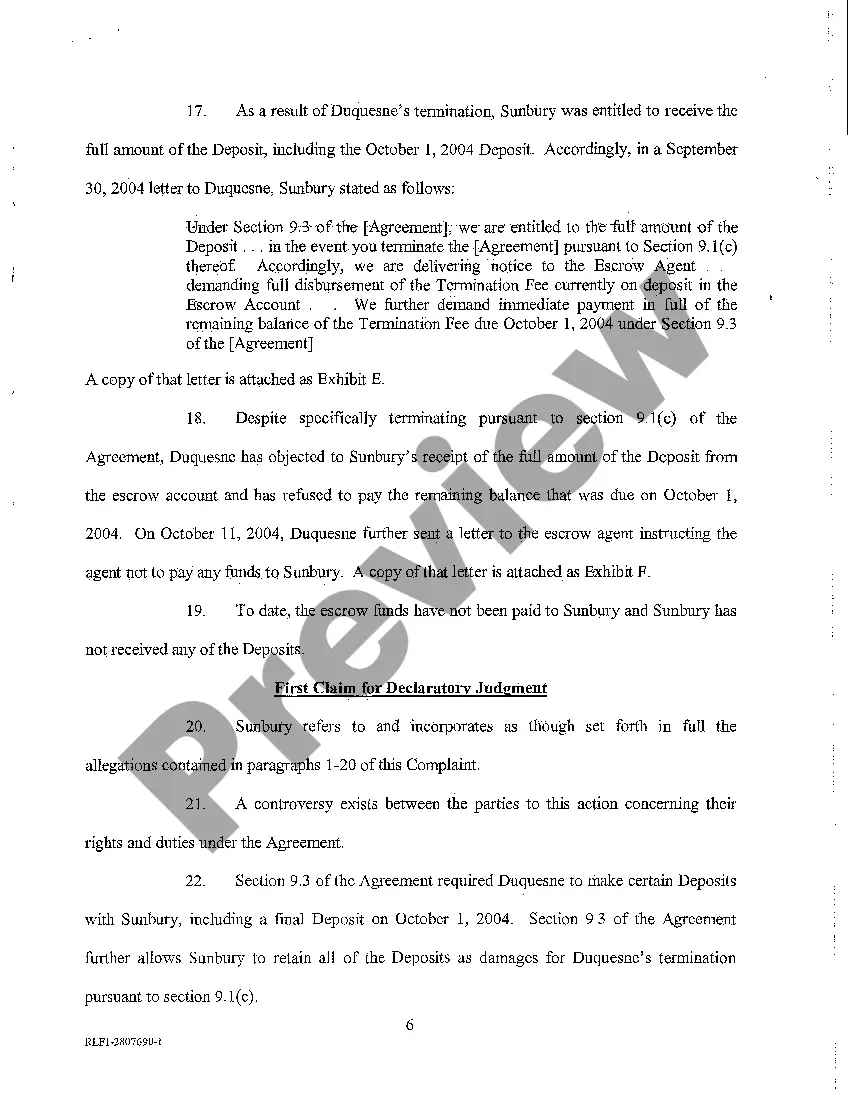 Preview A01 Complaint for Declaratory Judgment - Asset Sale Agreement