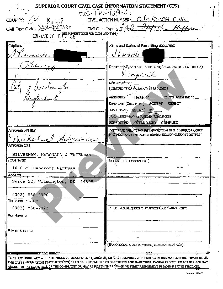 Delaware Superior Court Civil Case Information Statement US Legal Forms