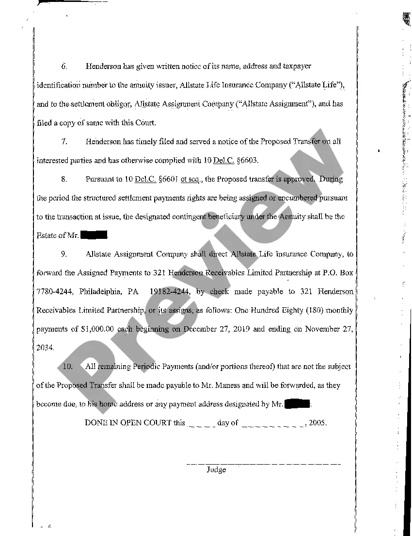 Preview A02 Proposed Order to Approve Purchase of Settlement Payments