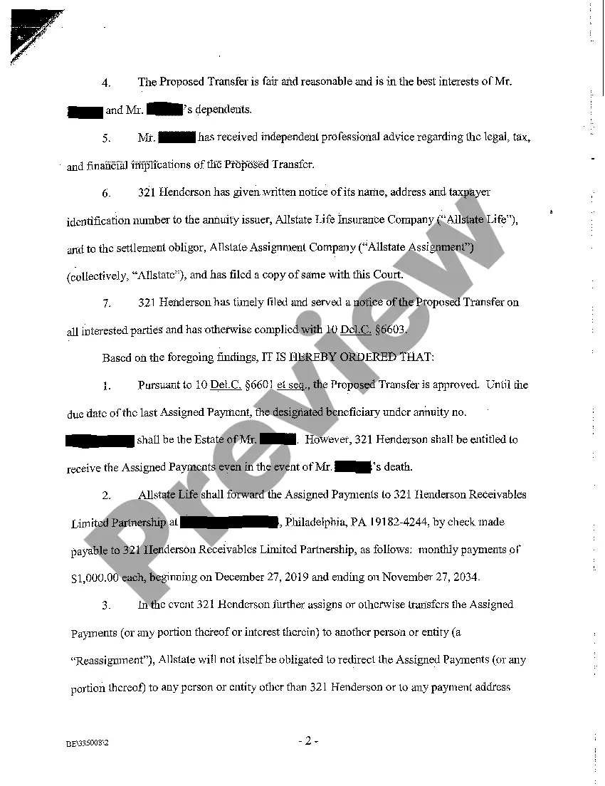 Preview A03 Amended Order Approving of Transferring Settlement Payments to Purchaser