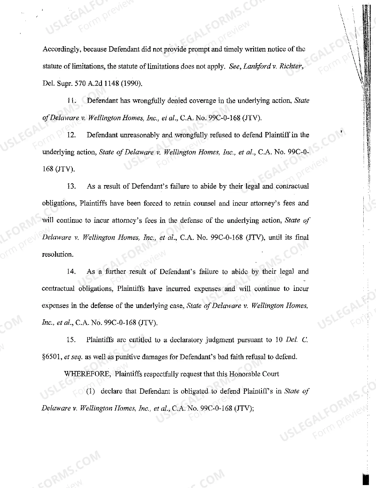 Preview Complaint for Declaratory Judgment against Insurance Company for Failure to Defend