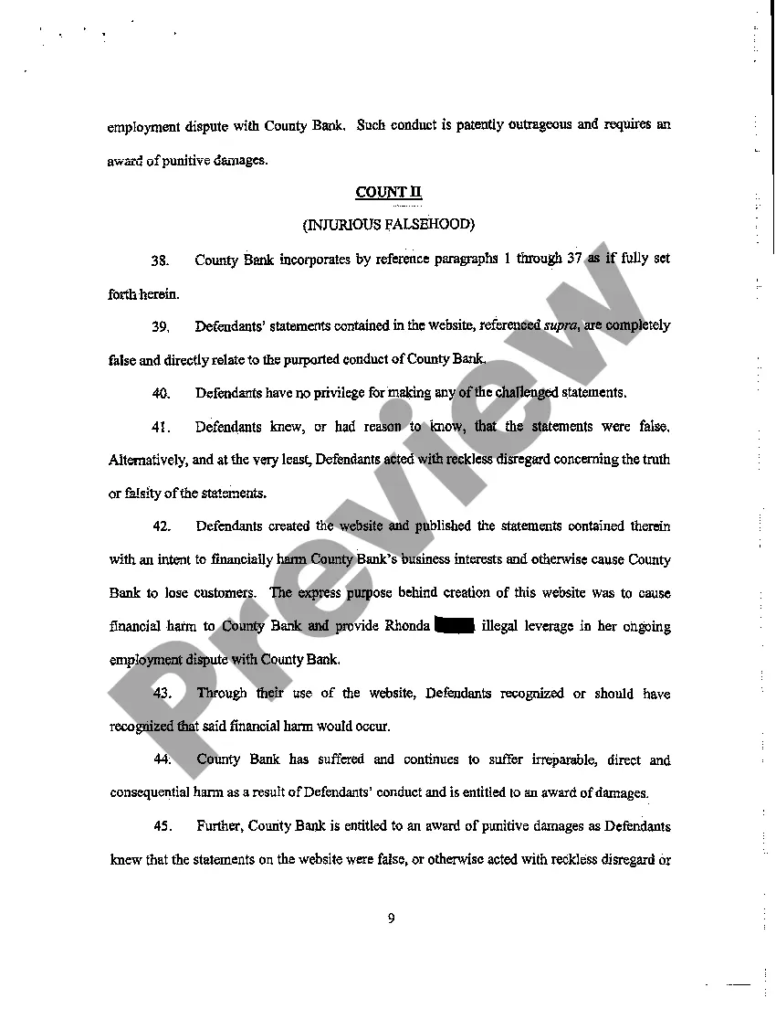 Preview Complaint Alleging Libel for Statements Published on Website by Former Employee