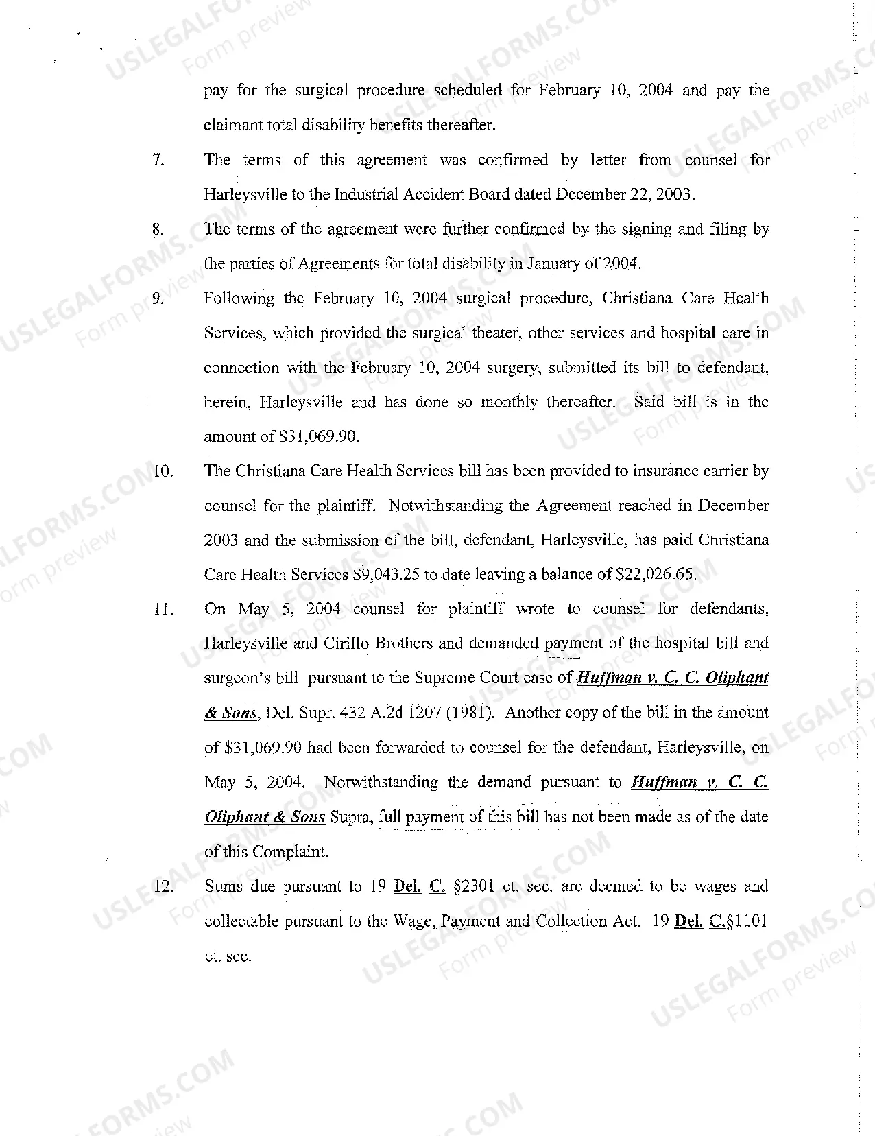 Preview A01 Complaint demanding payment pursuant to Worker's Compensation Agreement