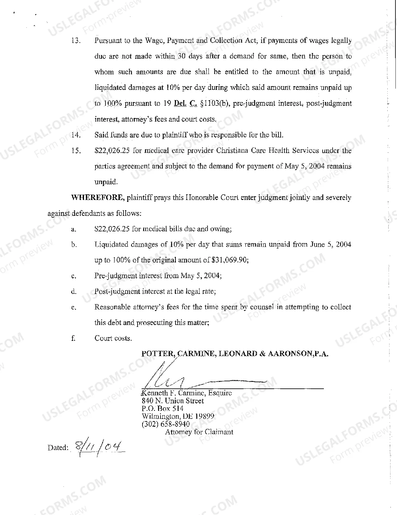 Preview A01 Complaint demanding payment pursuant to Worker's Compensation Agreement