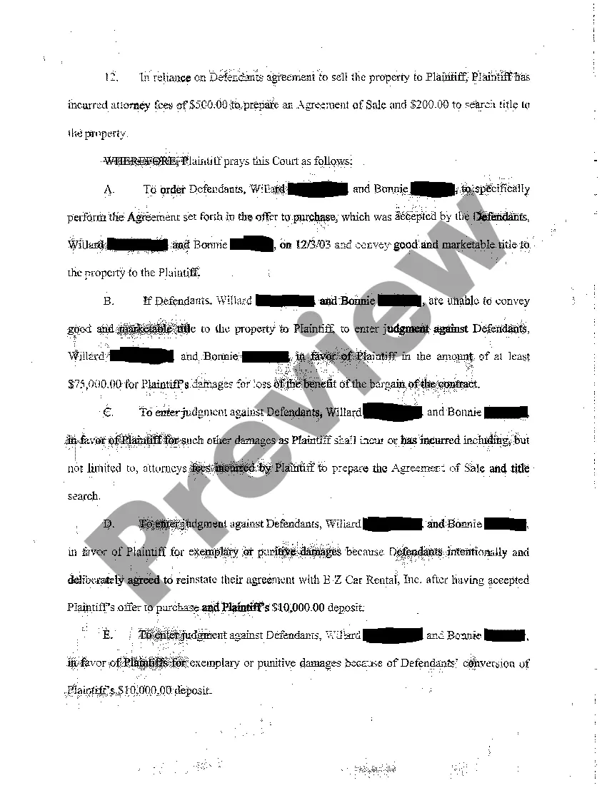 Preview Complaint for Specific Performance of Real Estate Agreement