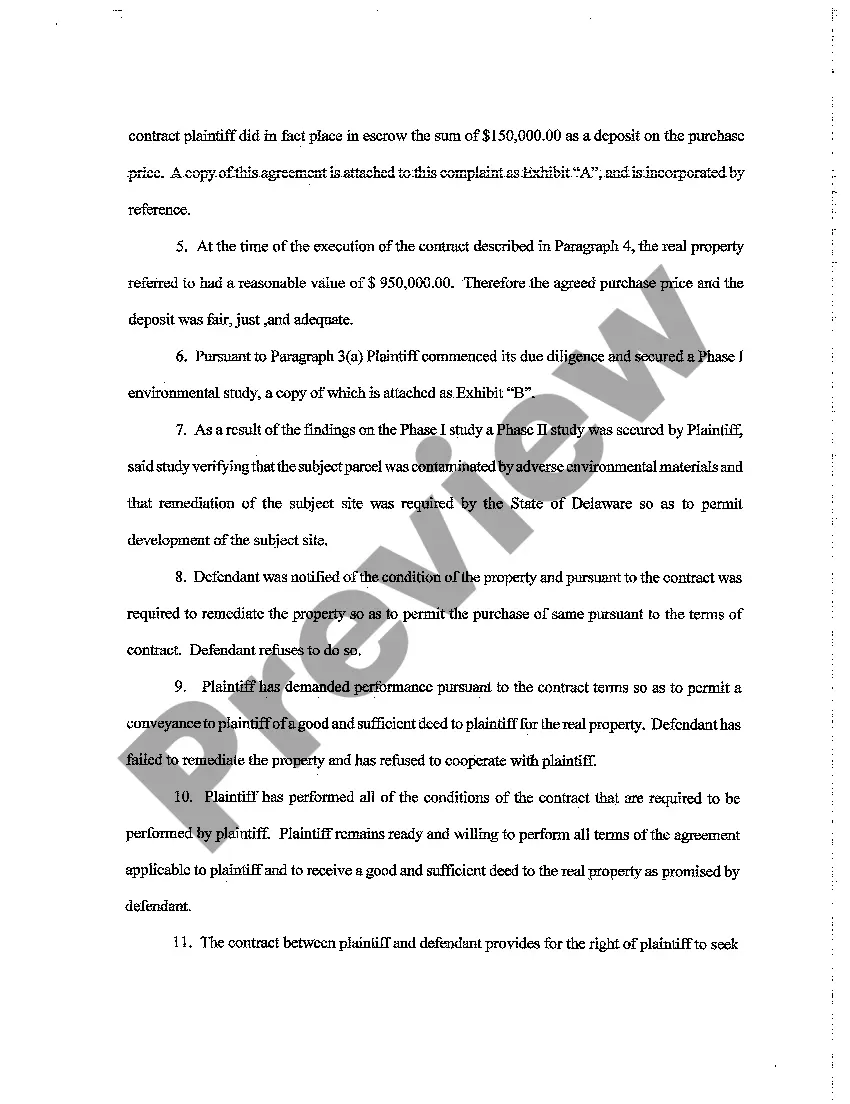 Preview Complaint for Specific Performance of Real Estate Agreement involving contaminated land