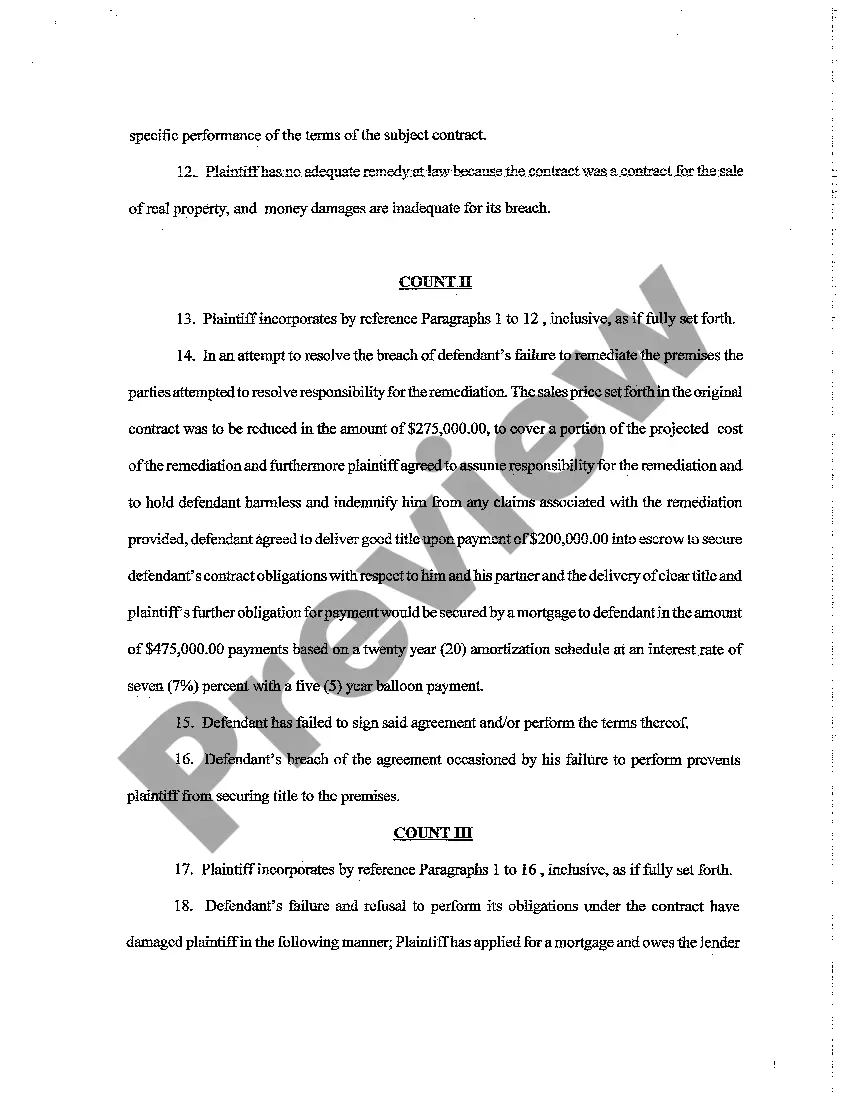 Preview Complaint for Specific Performance of Real Estate Agreement involving contaminated land
