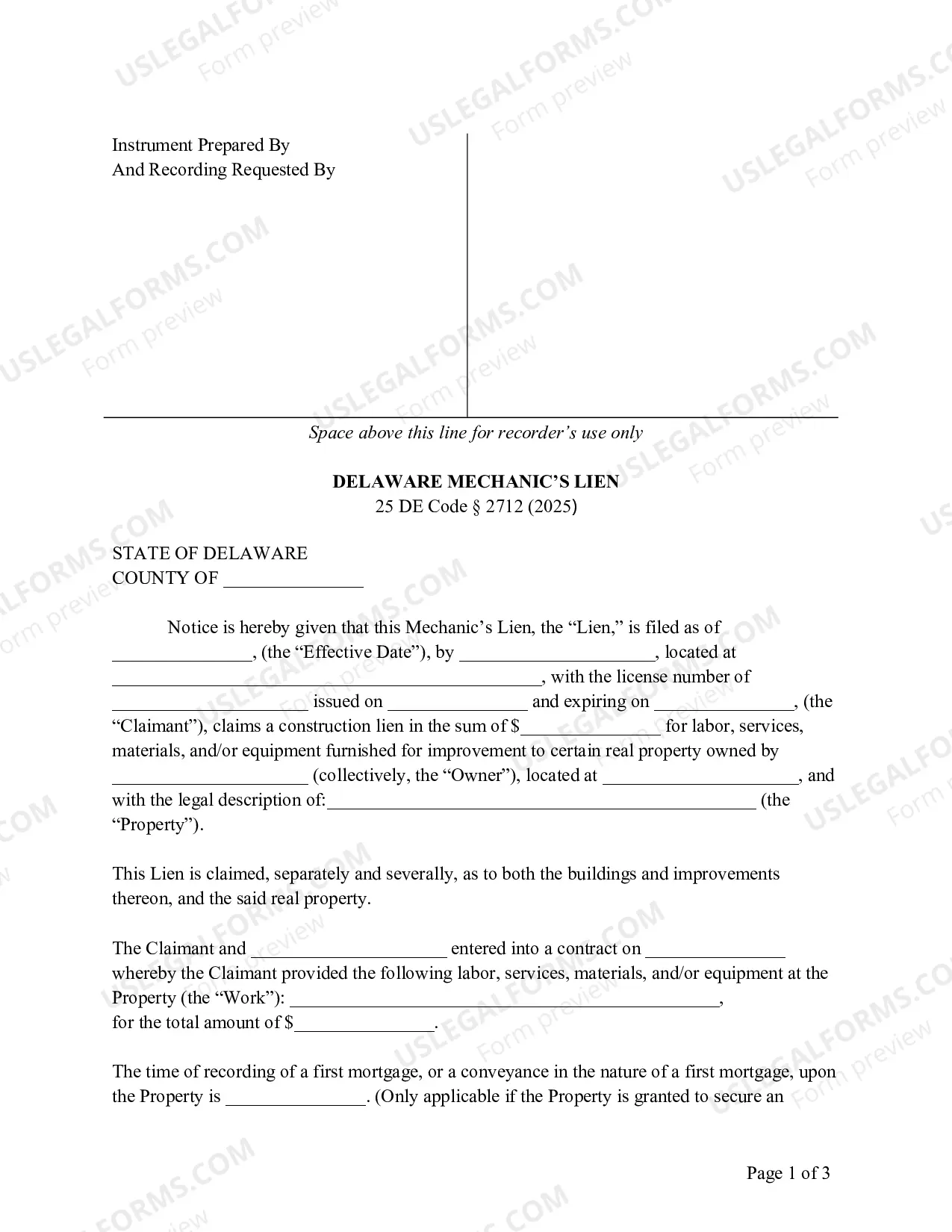 Preview Delaware Mechanic's Lien