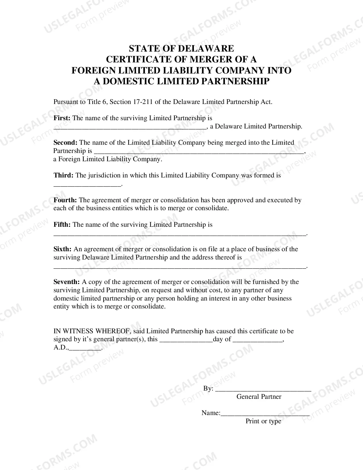Preview Certificate of Merger of Foreign Limited Liability Company Into Domestic Limited Partnership