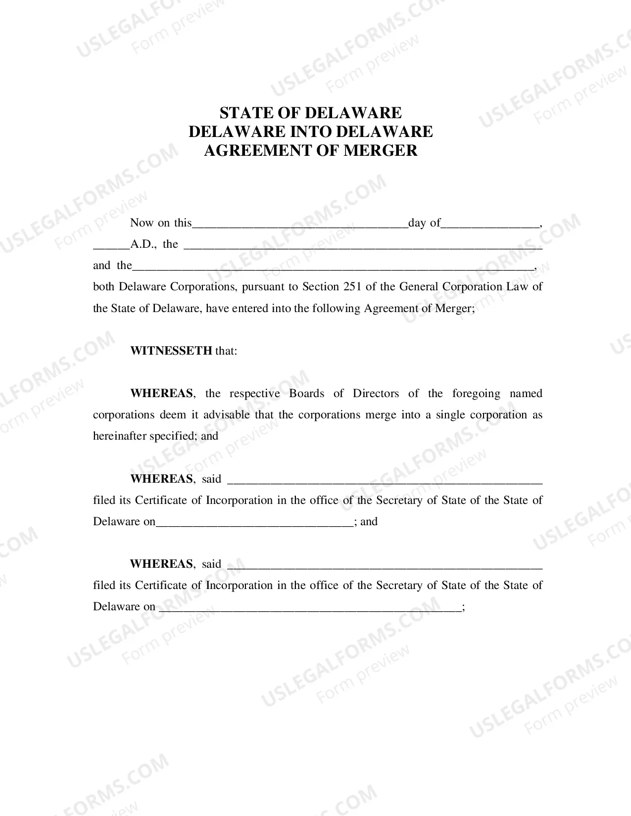 Preview Delaware Into Delaware Agreement of Merger (Corps)