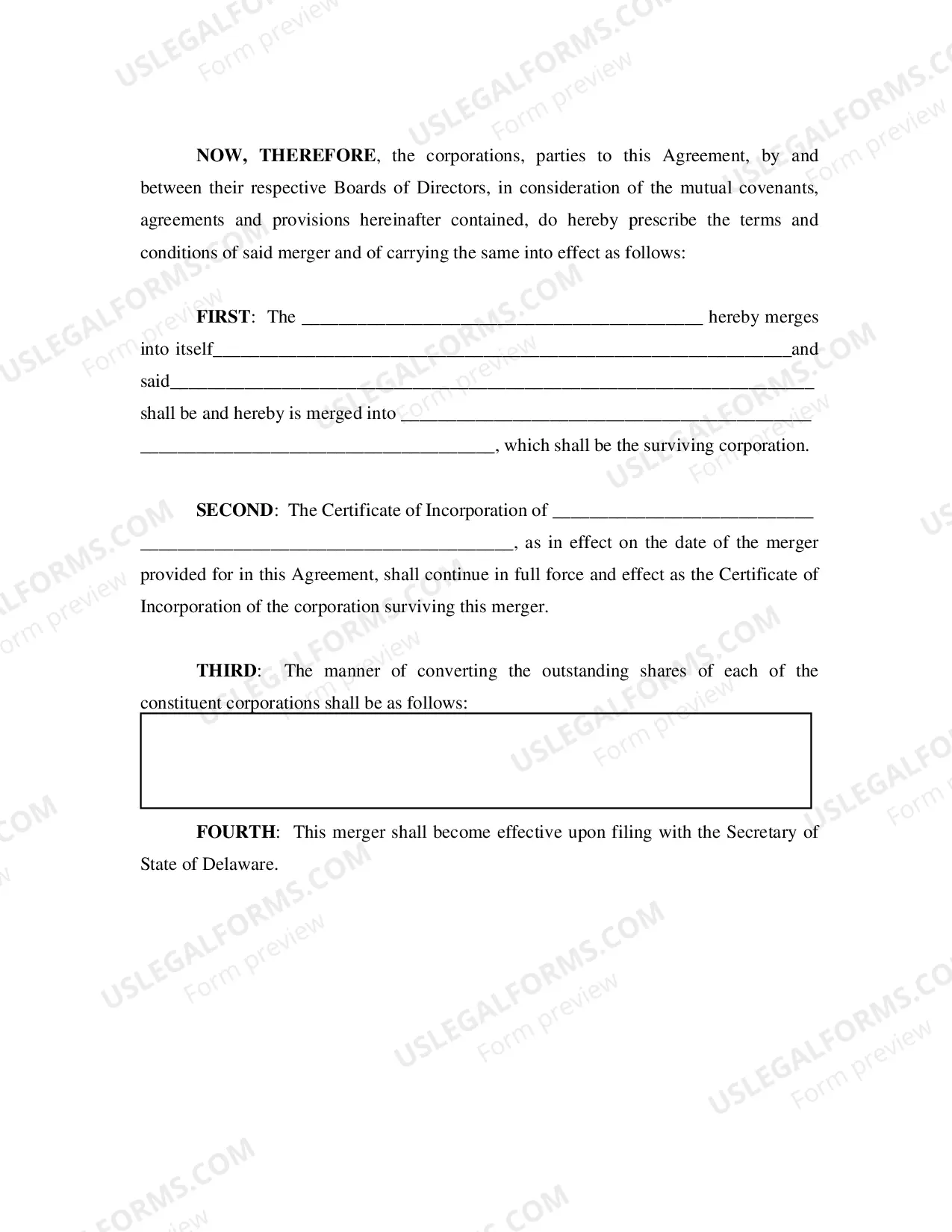 Preview Delaware Into Delaware Agreement of Merger (Corps)