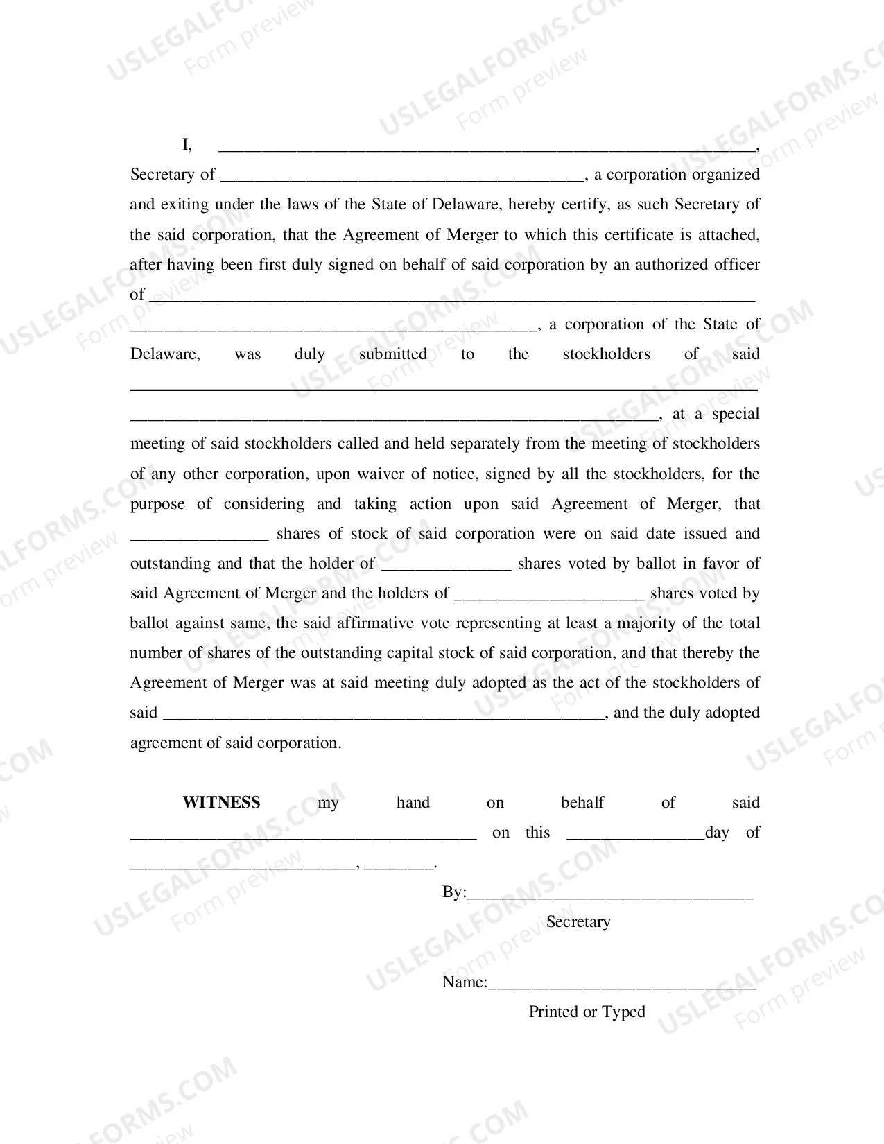 Preview Delaware Into Delaware Agreement of Merger (Corps)