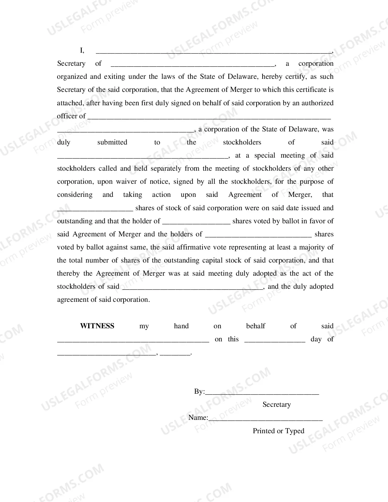 Preview Delaware Into Delaware Agreement of Merger (Corps)