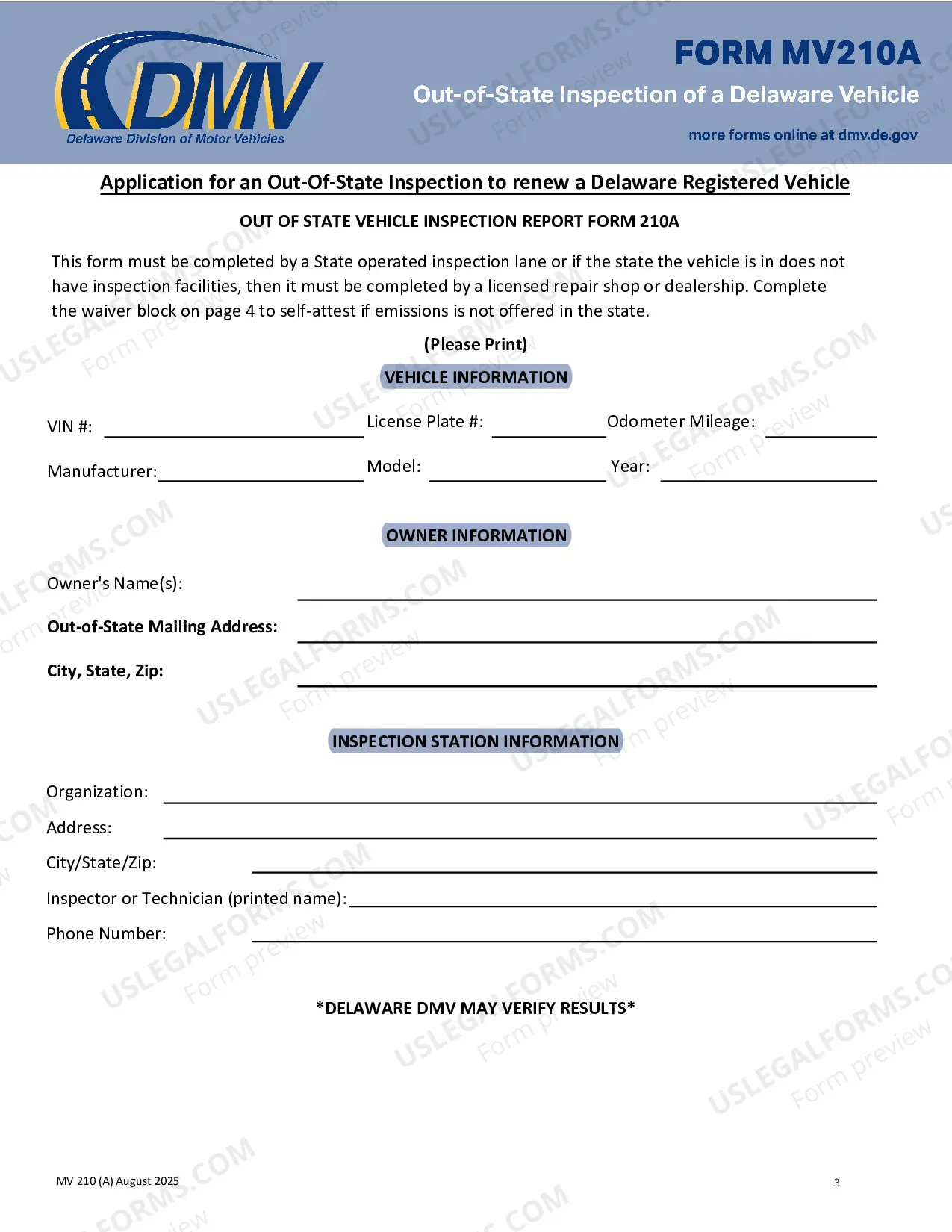 Preview Out of State Vehicle Inspection Report Form