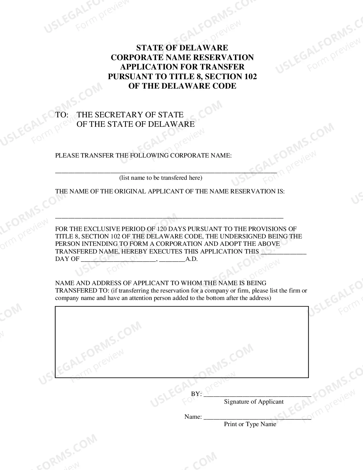 Preview Application for Transfer of a Corporate Name