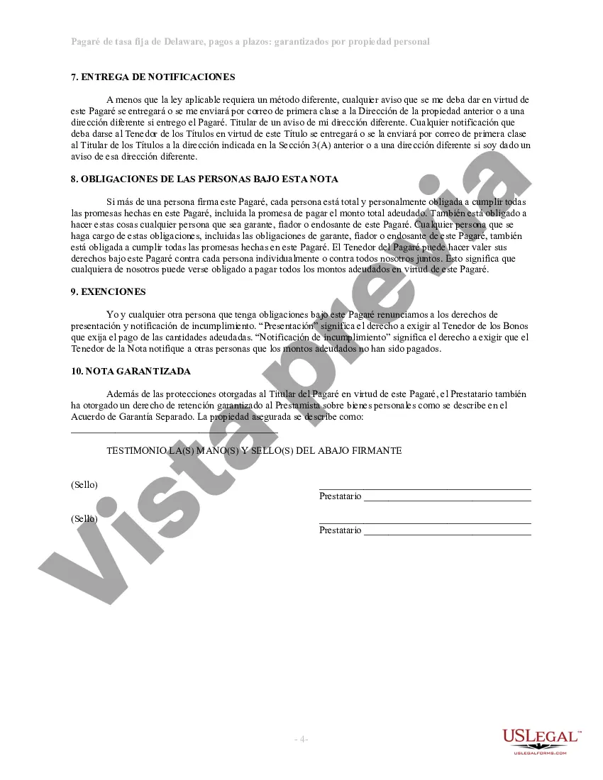 Preview Pagaré de tasa fija a plazos de Delaware garantizado por propiedad personal