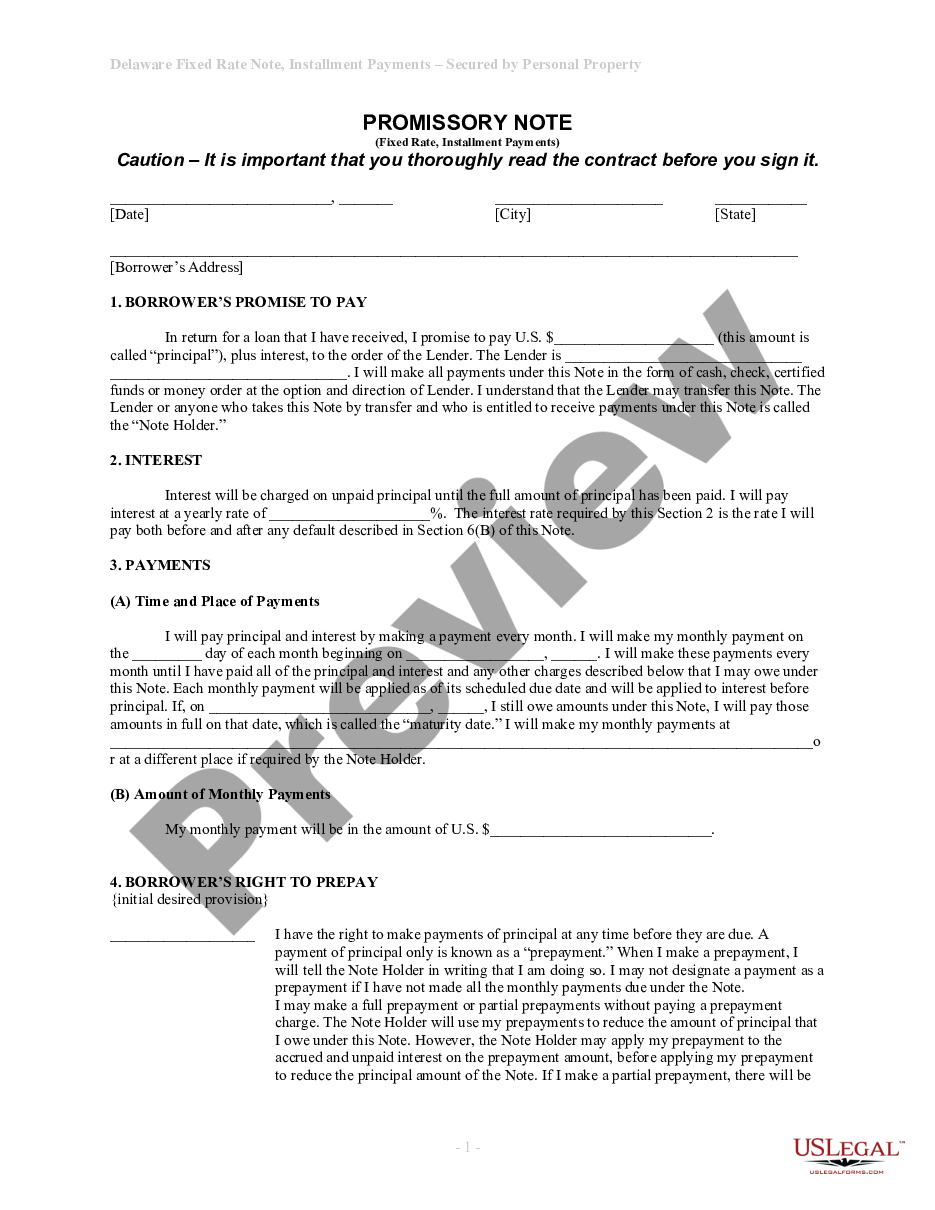 page 0 Delaware Installments Fixed Rate Promissory Note Secured by Personal Property preview