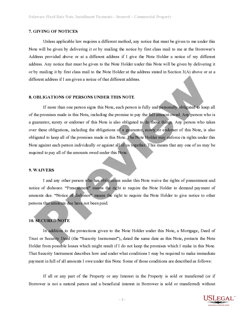 Preview Delaware Installments Fixed Rate Promissory Note Secured by Commercial Real Estate
